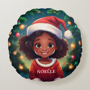 Little Black Girl Christmas Santa Hat Round Cushion