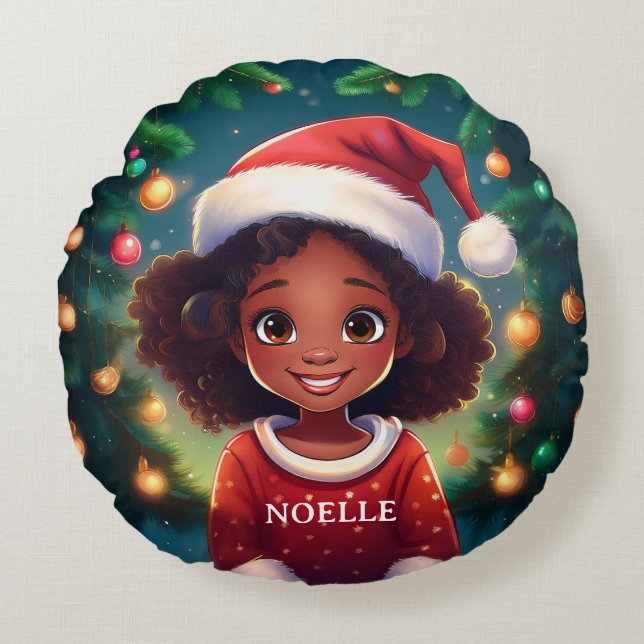 Little Black Girl Christmas Santa Hat Round Cushion (Front)
