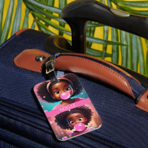 Little Black Girl Popping Pink Bubblegum Luggage Tag