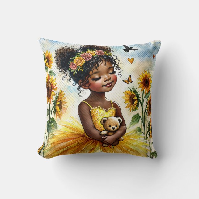 Little Black Girl With Sunflowers and Teddy Bear Cushion (Front)