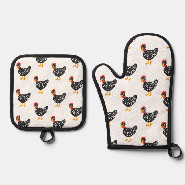 Little black hen oven mitt & pot holder set (Front)