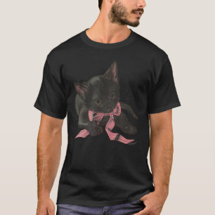 Little Black Kitten Pink Bow  Coquette Baby Y2K Ae T-Shirt
