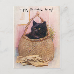 Little Black Kitty in Basket Near Gardening Gloves Postcard