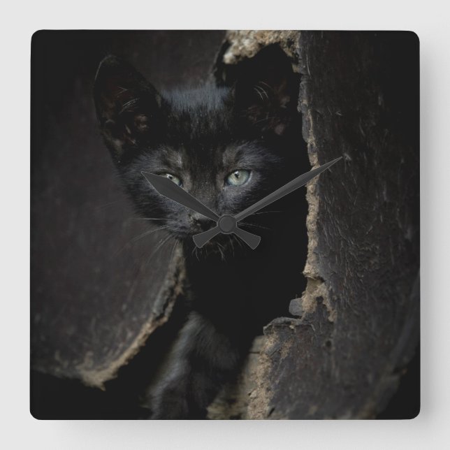 Little Black Kitty Square Wall Clock (Front)