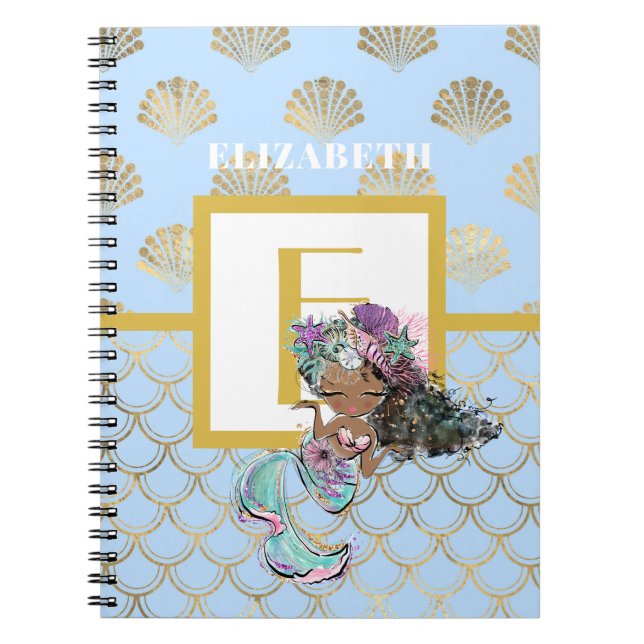 Little Black Mermaid Blue Scales Monogram Girls Notebook (Front)
