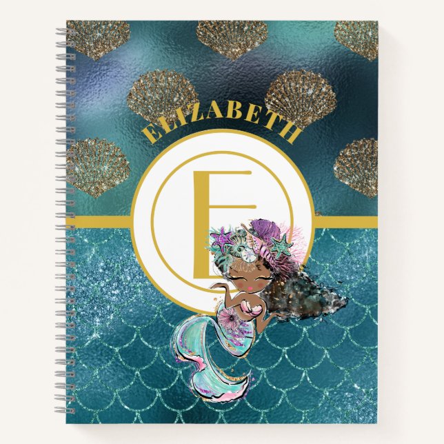 Little Black Mermaid Blue Scales Monogram Girls Notebook (Front)