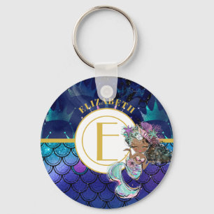 Little Black Mermaid Blue Scales Monogram Named Key Ring