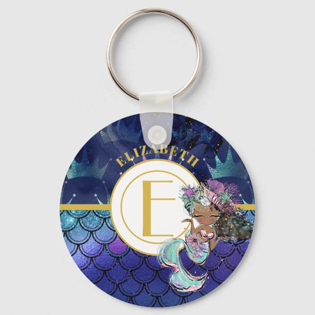 Little Black Mermaid Blue Scales Monogram Named Key Ring (Front)