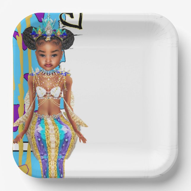 Little Black Mermaid Girl Party Plates (Front)