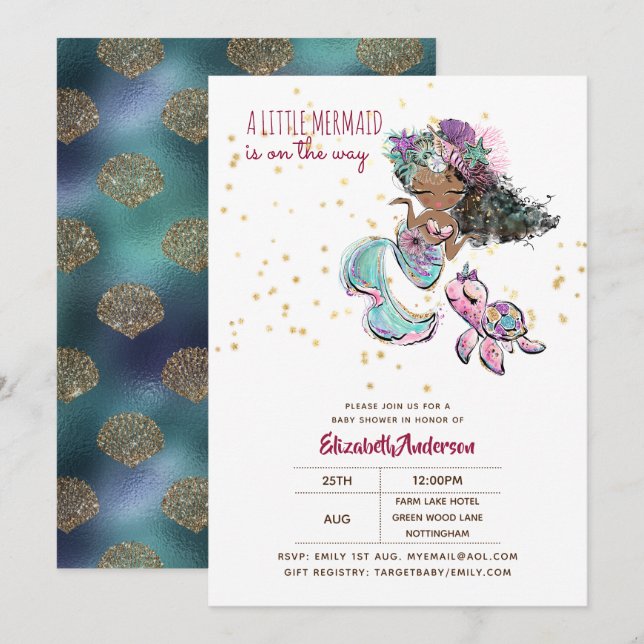 Little Black Mermaid Girls Baby Shower Under Sea Invitation (Front/Back)