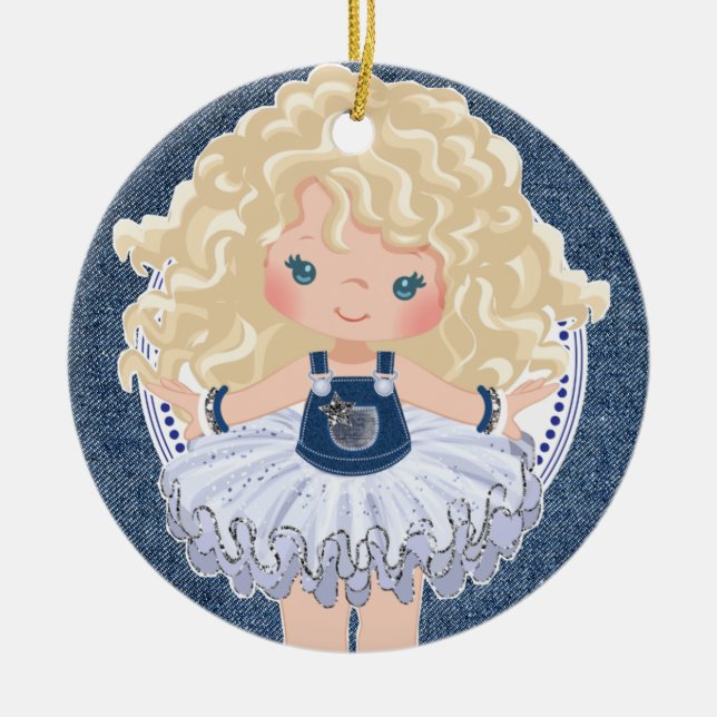 Little Blonde Girl Denim & Diamonds Christmas Ceramic Tree Decoration (Front)