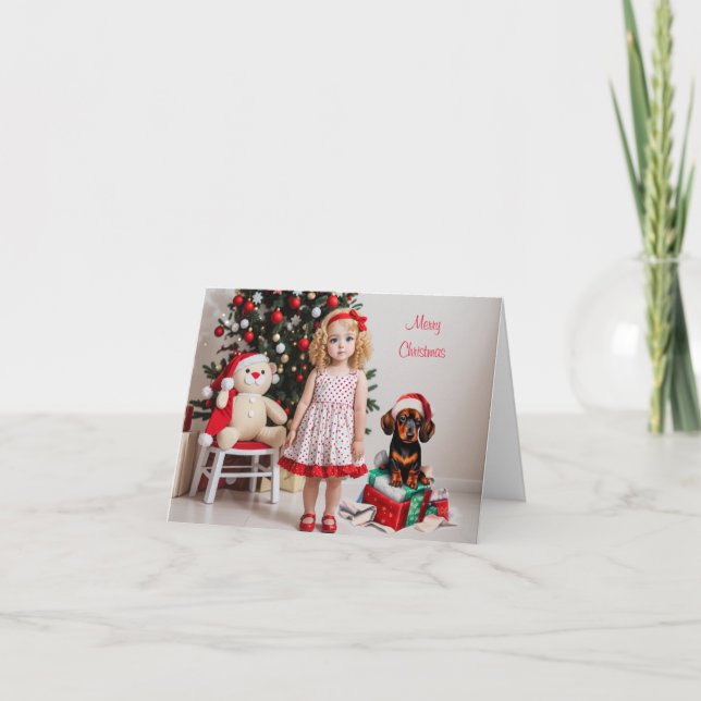 Little Blonde Girl with Dachshund Christmas Card (Front)