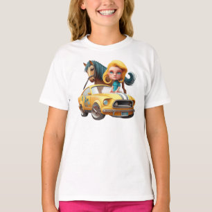 Little Blonde Girl With Mustang Car Pony Horse T-Shirt