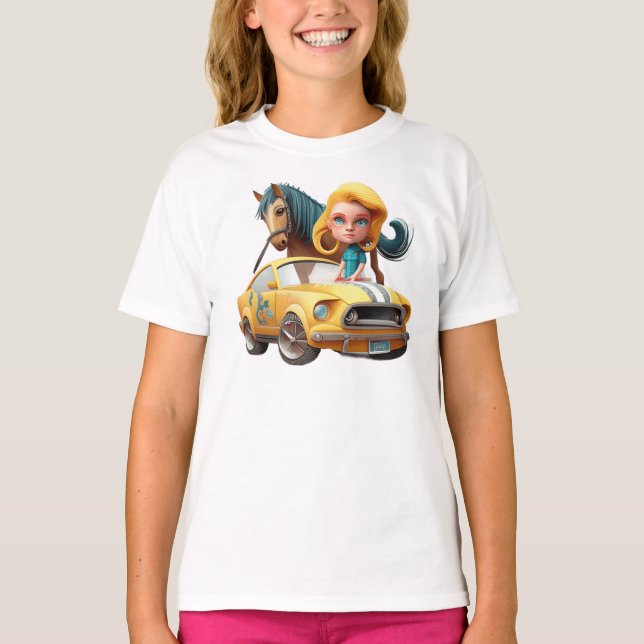 Little Blonde Girl With Mustang Car Pony Horse T-Shirt (Front)