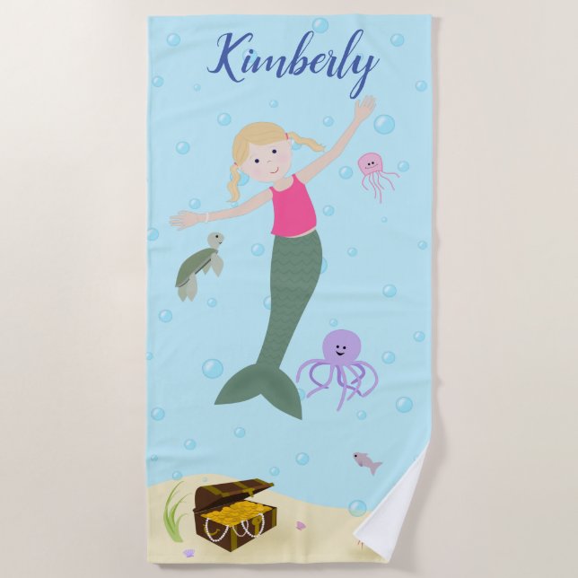 Little Blonde Mermaid Personalised Beach Towel (Front)