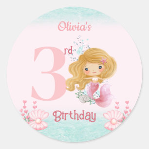 Little Blonde Mermaid Pink Girl Birthday Classic Round Sticker