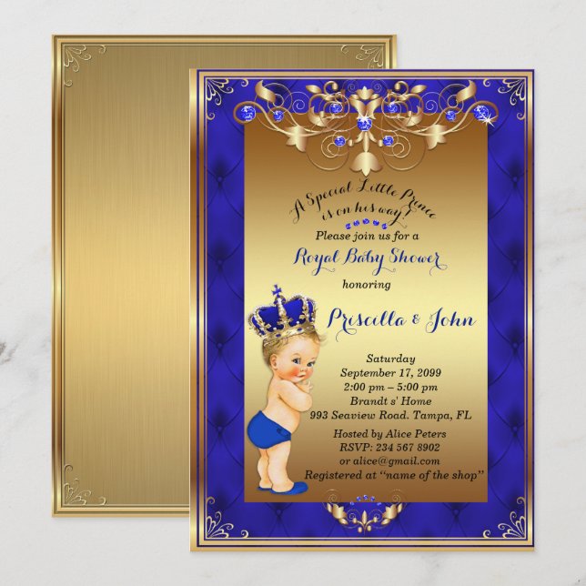 Little Blonde Prince Baby Shower Invitation,Navy Invitation (Front/Back)