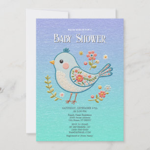Little Blue Bird Floral Baby Shower Invitation