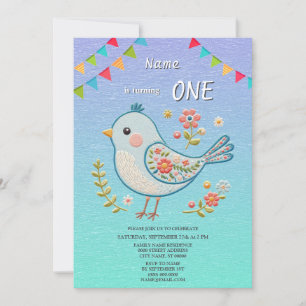 Little Blue Bird Floral Birthday Party Invitation