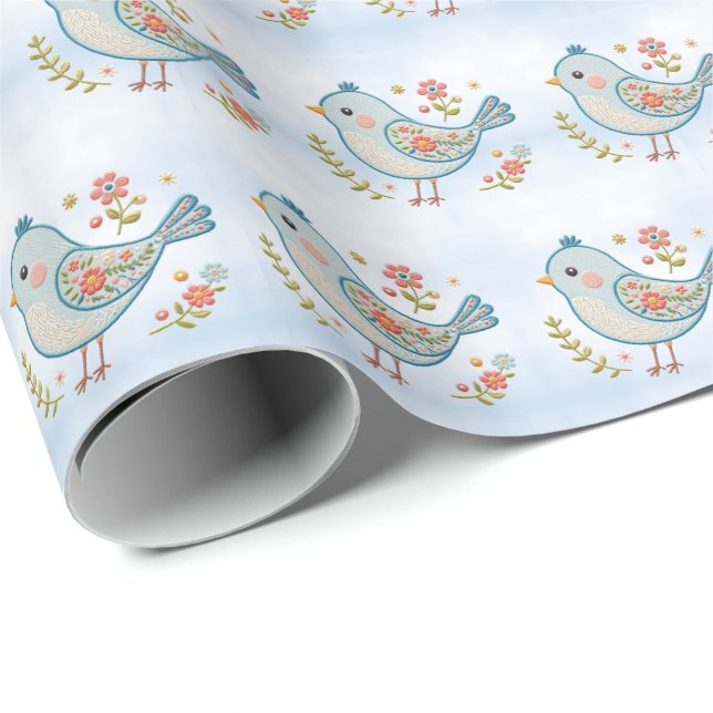 Little Blue Bird Floral Wrapping Paper (Roll Corner)