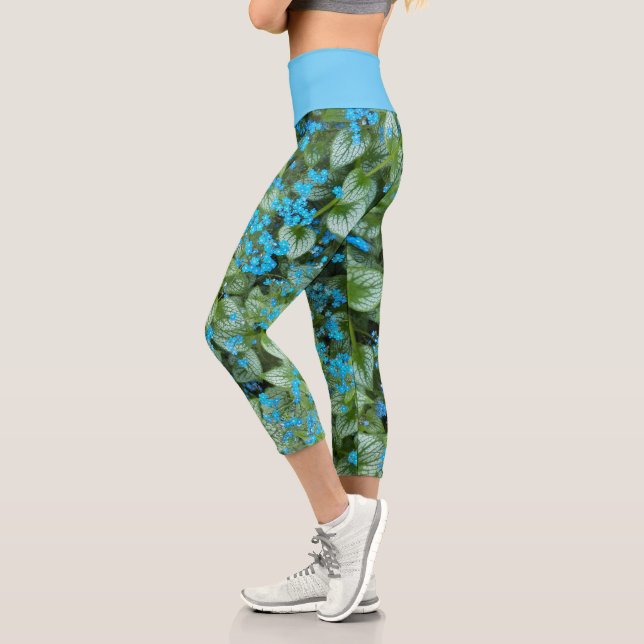 Little Blue Brunnera Flowers Floral Capri Leggings (Left)