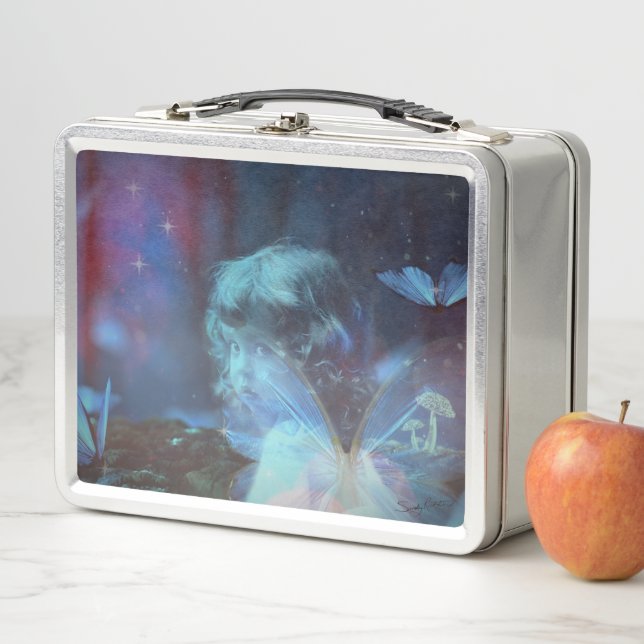 Little Blue Butterfly Fairy Fantasy Artwork Metal Lunch Box (In Situ)