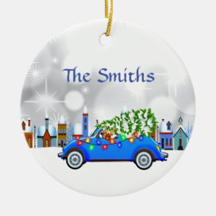 Little Blue Car & Tree Christmas Custom Ceramic Tree Decoration