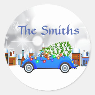 Little Blue Car & Tree Christmas Custom Classic Round Sticker