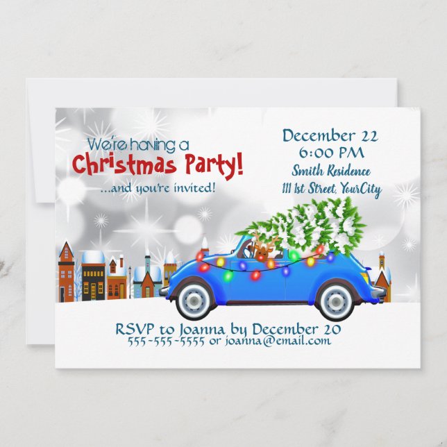 Little Blue Car & Tree Christmas Custom Invitation (Front)