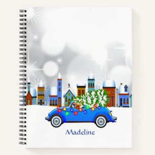 Little Blue Car & Tree Christmas Custom Notebook