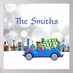 Little Blue Car & Tree Christmas Custom Poster
