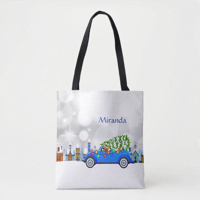 Little Blue Car & Tree Christmas Custom Tote Bag (Front)