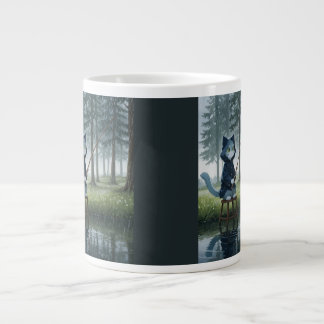 Little Blue Cat Fisherman Calm Lake Watercolor  Large Coffee Mug