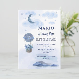 Little blue elephant balloon boy birthday invitation