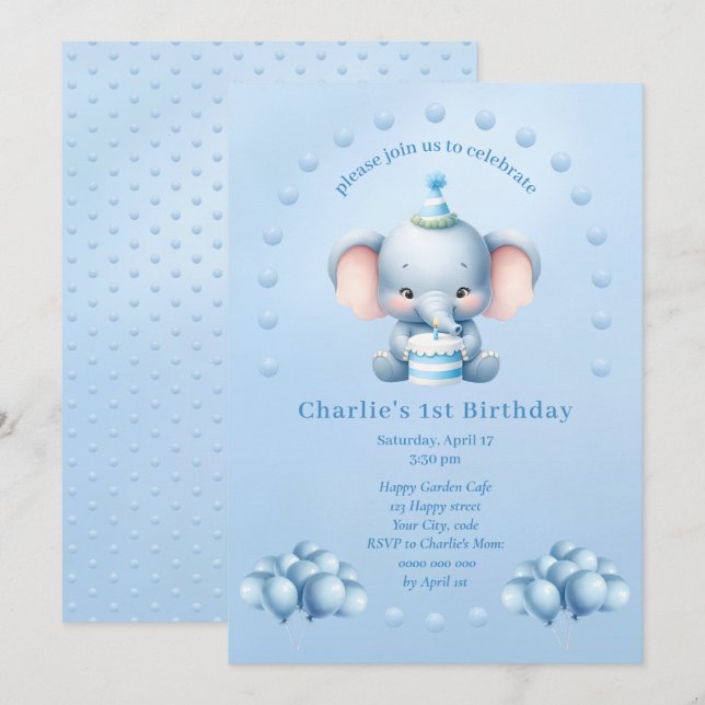 Little Blue Elephant Kids Birthday Invitation (Front/Back)