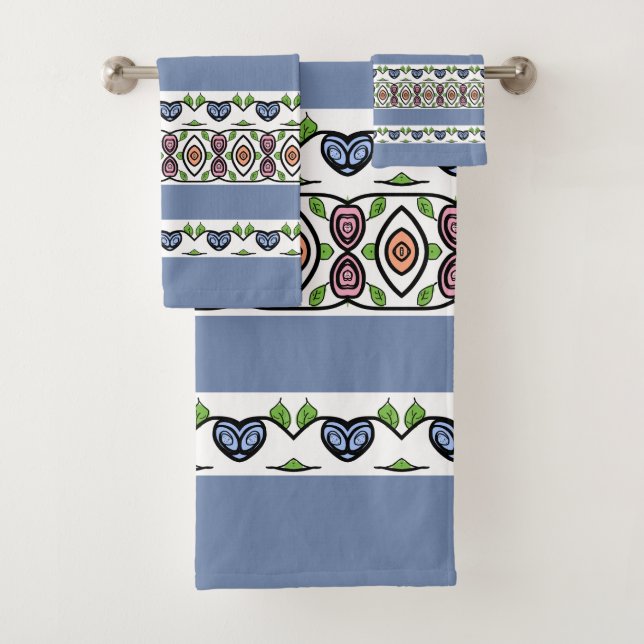 Little Blue Heart Vine Patterned Bath Towel Set (Insitu)