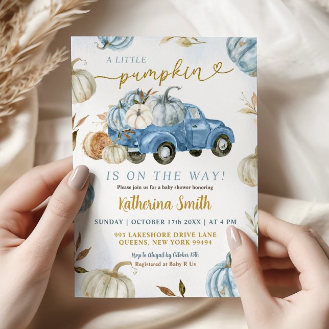 Little Blue Pumpkin Truck Baby Shower Invitation (Creator Uploaded)