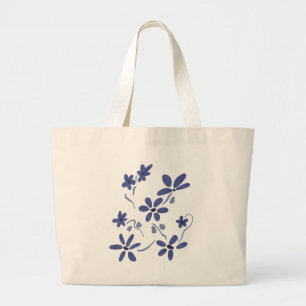 Little Blue Romantic Flowers Flat Card Large Tote Bag