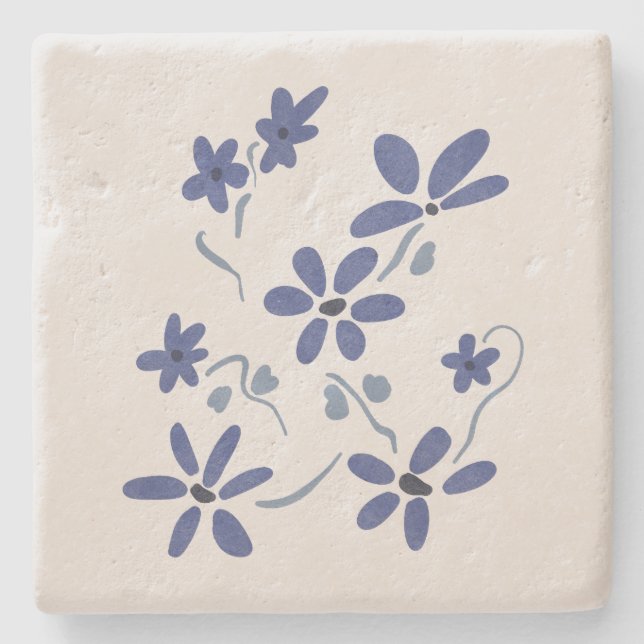 Little Blue Romantic Flowers Stone Coaster (Front)