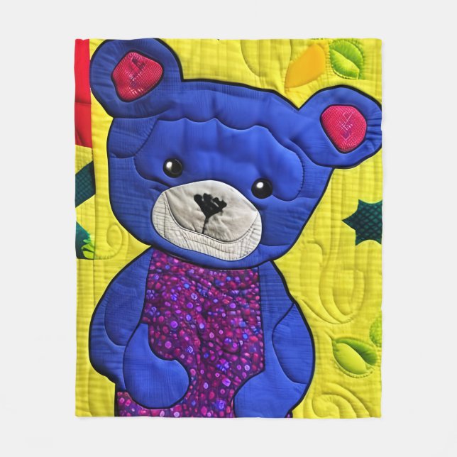 Little Blue Teddy Bear Quilt Like Design Fleece Blanket (Front)