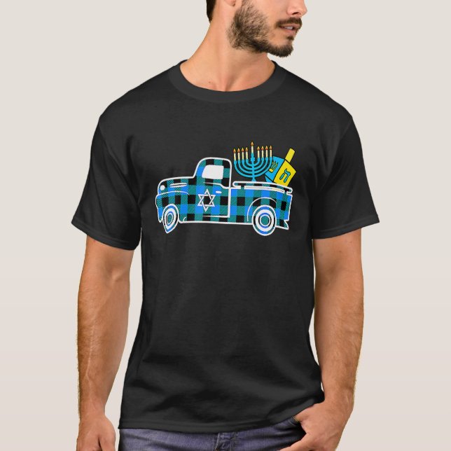 Little Blue Truck Buffalo Plaid Hanukkah Menorah D T-Shirt (Front)