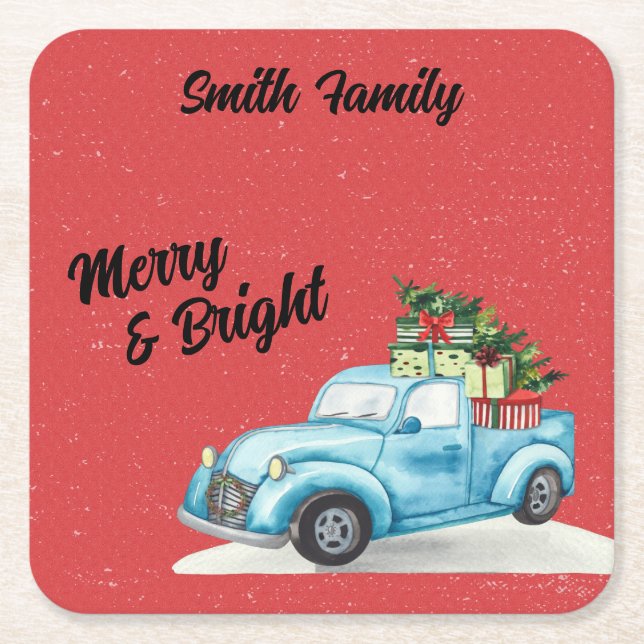 Little Blue Truck Christmas Tree Square Paper Coaster (Front)