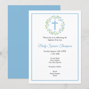 Little Blue Watercolor Blossoms Wreath & Cross  Invitation