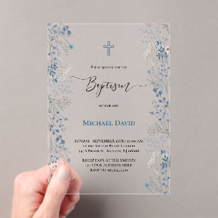  little blue watercolor flowers Baptism Acrylic Invitations