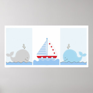 Little Blue Whale and Sailboat Art Prints