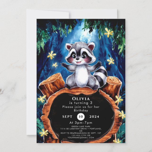 Little Boho Racoon Birthday Invitation (Front)