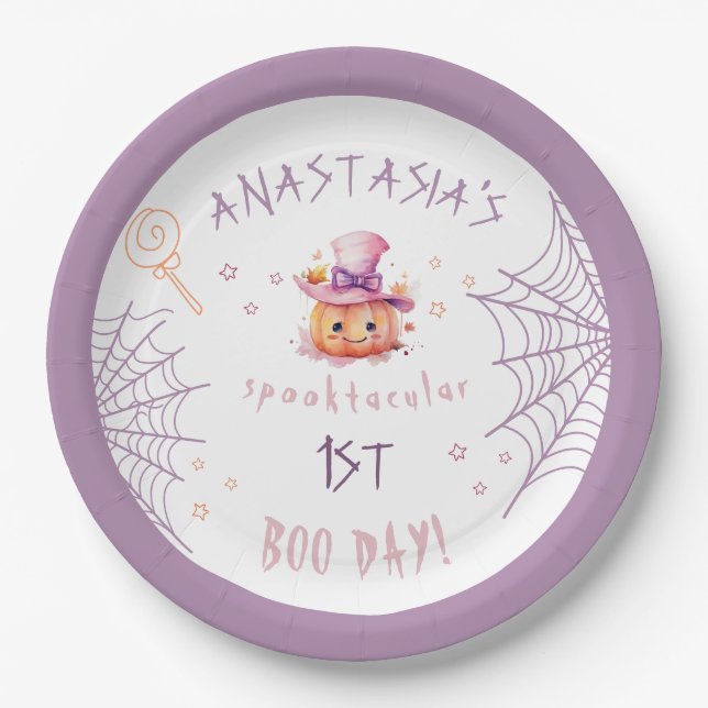 Little boo Almost Due Halloween Baby Girl Birthday Paper Plate (Front)