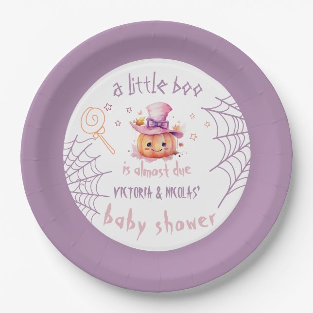 Little boo Almost Due Halloween Baby Girl Shower Paper Plate (Front)