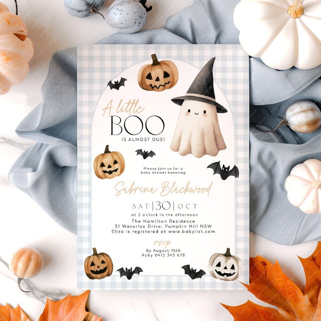 Little Boo Baby Shower Blue Ghost Pumpkin Invitation (A little Boo is almost due! Blue halloween themed baby shower invitation with ghost and pumpkins)