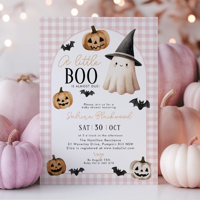 Little Boo Baby Shower Pink Ghost Pumpkin  Invitation (A little Boo is almost due! Pink halloween themed baby shower invitation with ghost and pumpkins)